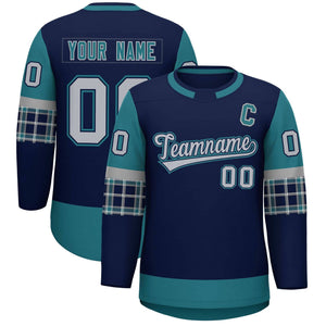 Custom Navy Aqua Personalized Raglan Sleeves Round-Neck Hockey Jersey