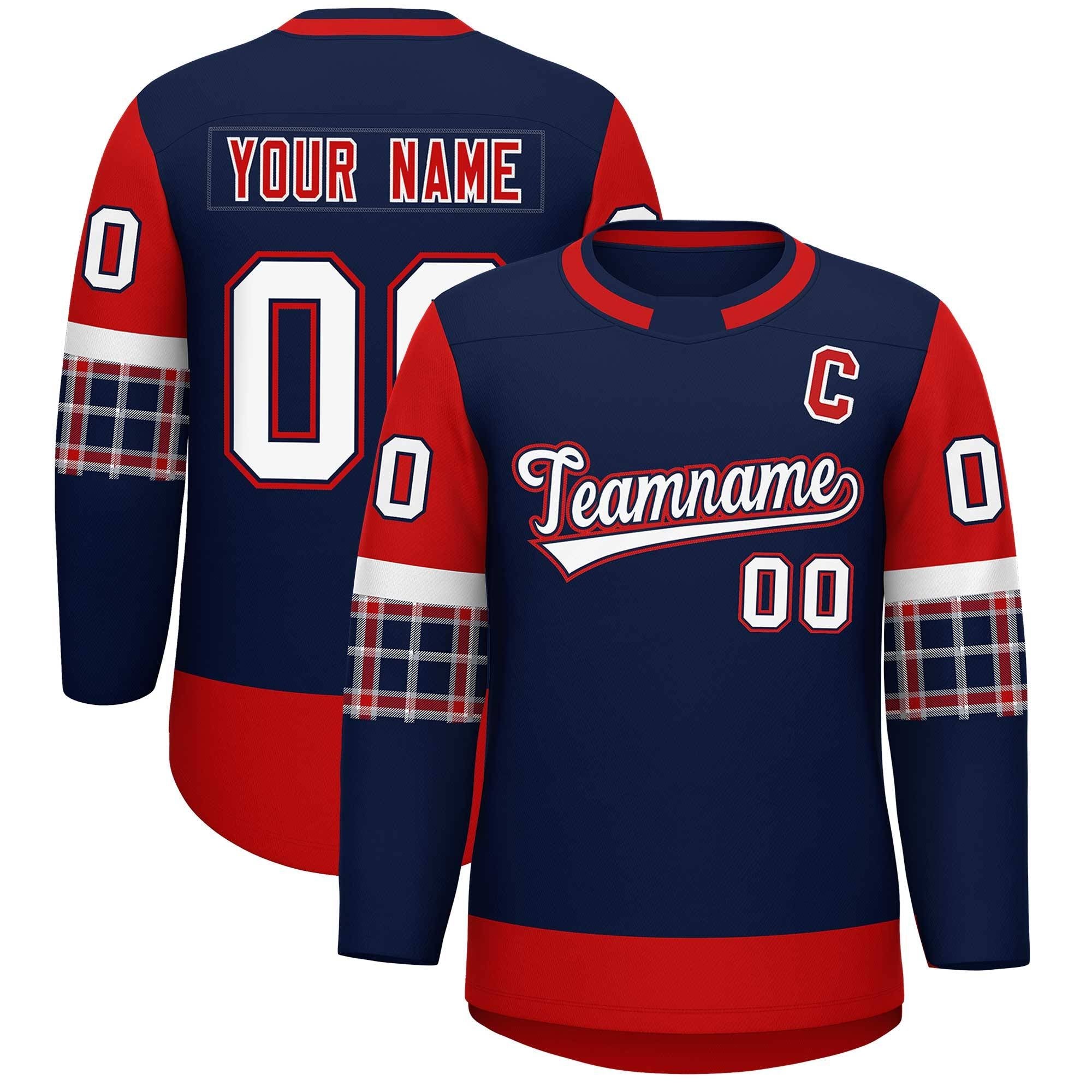 Custom Navy Red Personalized Raglan Sleeves Round-Neck Hockey Jersey