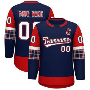 Custom Navy Red Personalized Raglan Sleeves Round-Neck Hockey Jersey