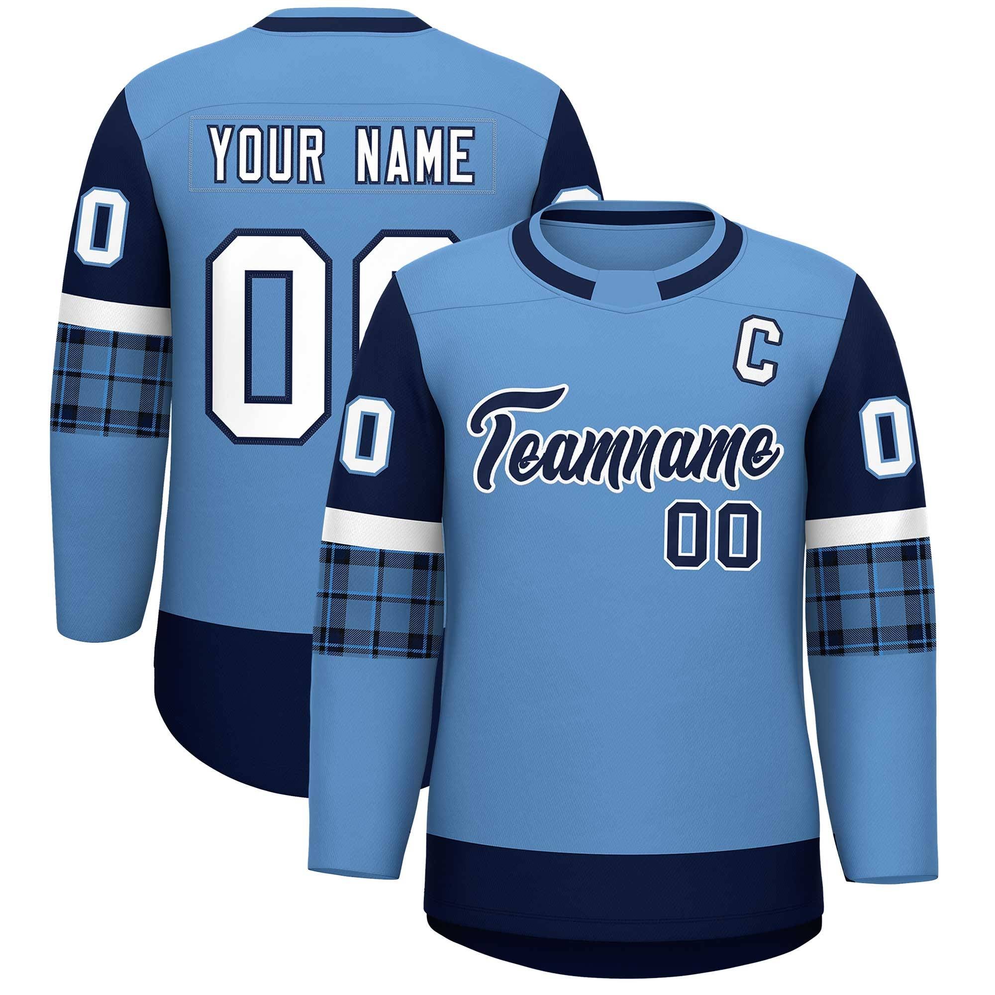 Custom Light Blue Navy Personalized Raglan Sleeves Round-Neck Hockey Jersey