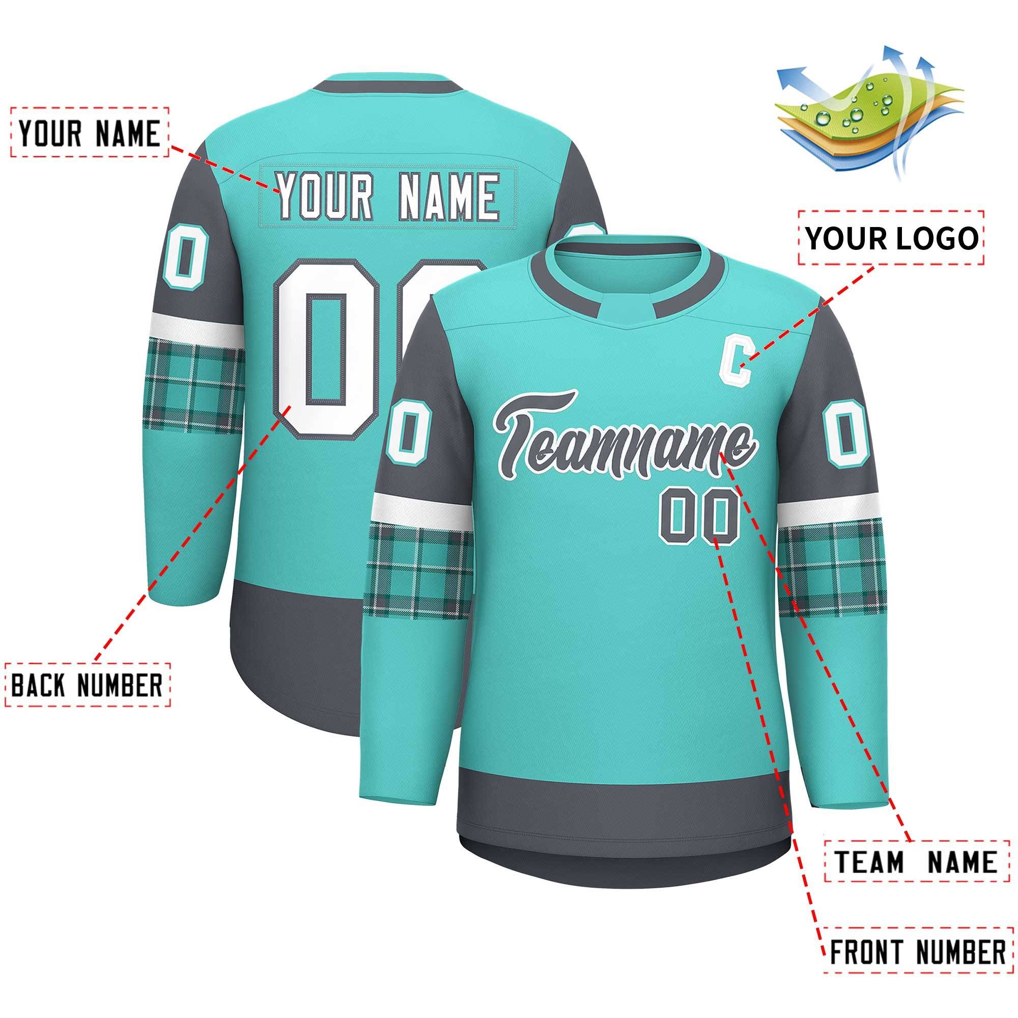 Custom Bright Green Dark Gray Personalized Raglan Sleeves Round-Neck Hockey Jersey