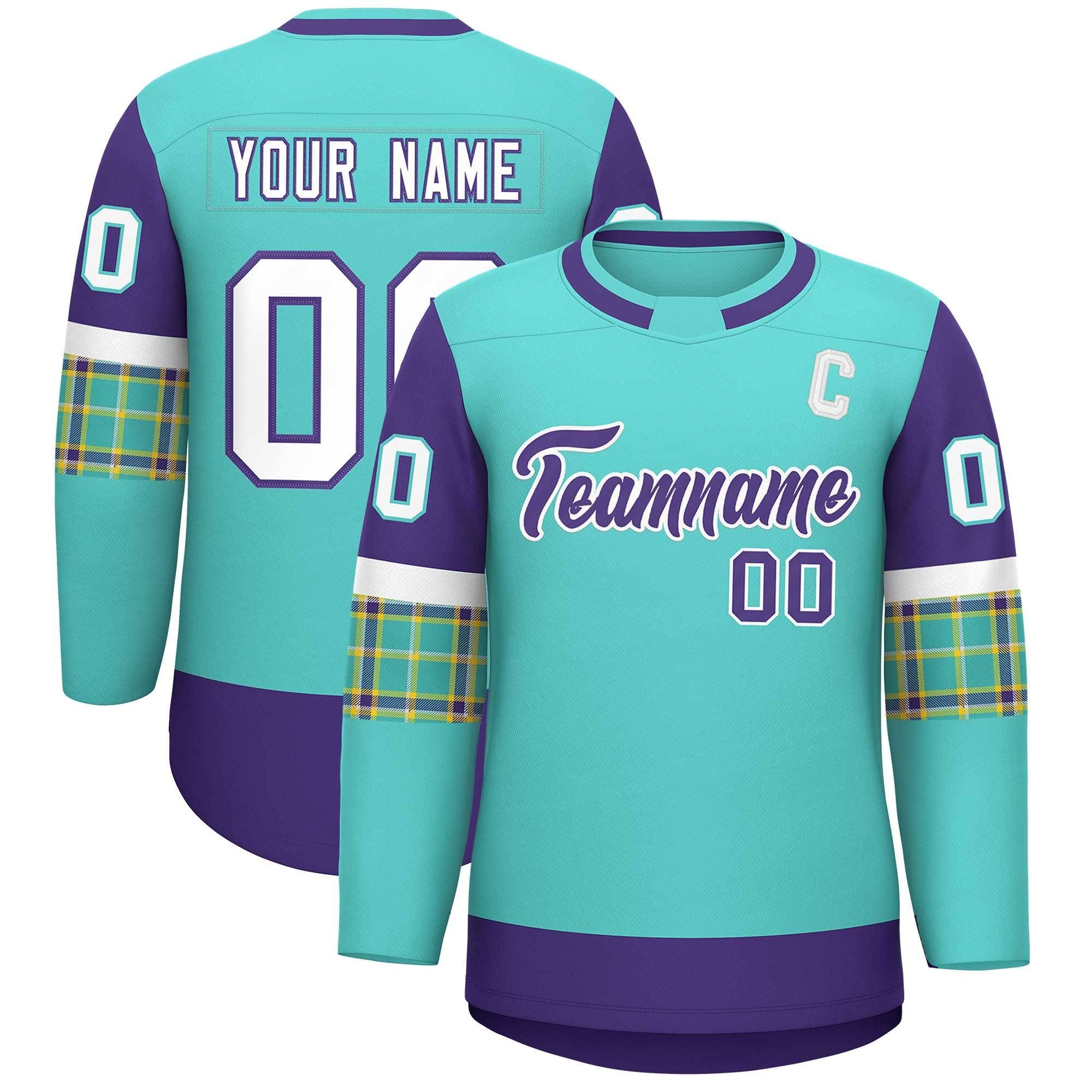 Custom Bright Green Purple Personalized Raglan Sleeves Round-Neck Hockey Jersey