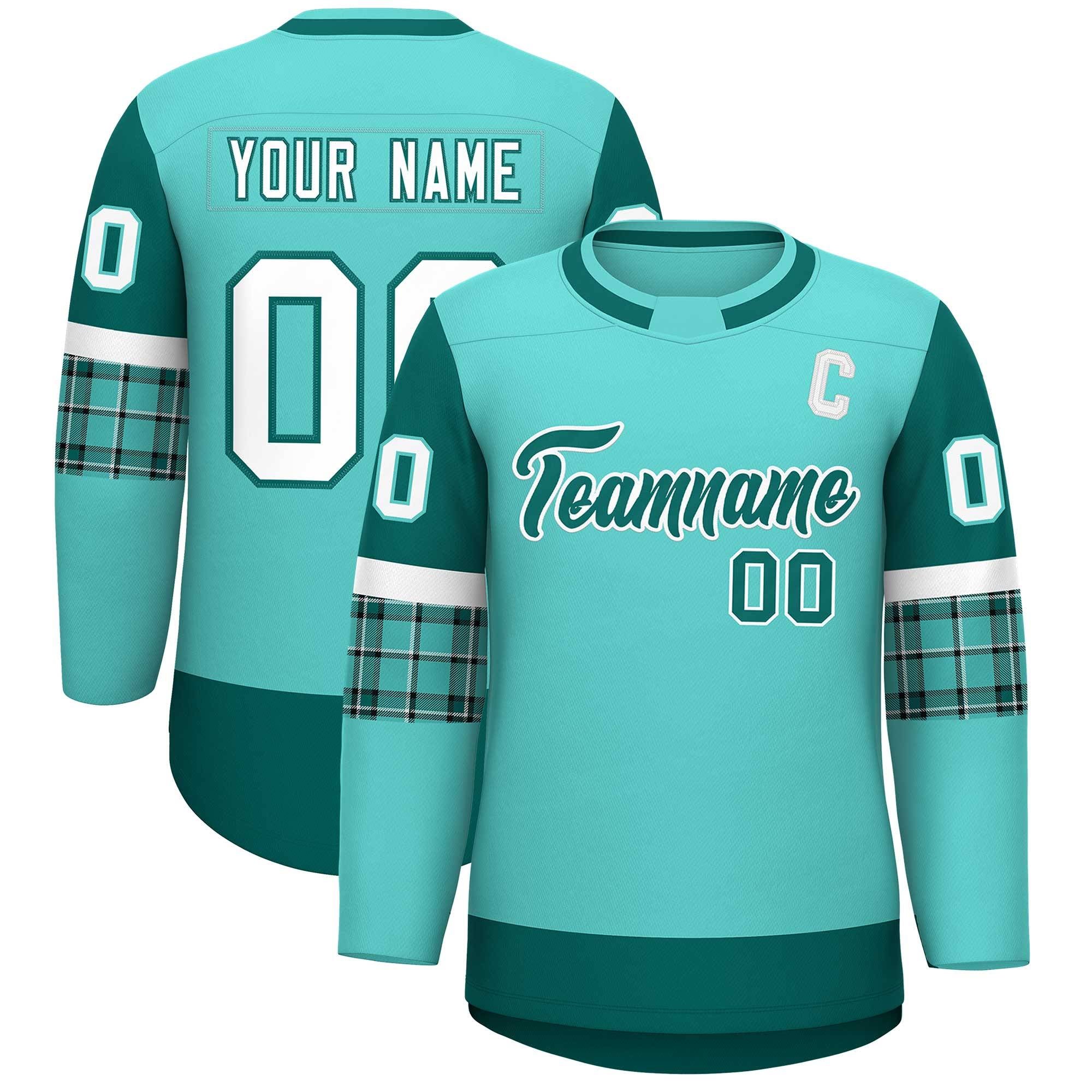 Custom Bright Green Aqua Personalized Raglan Sleeves Round-Neck Hockey Jersey