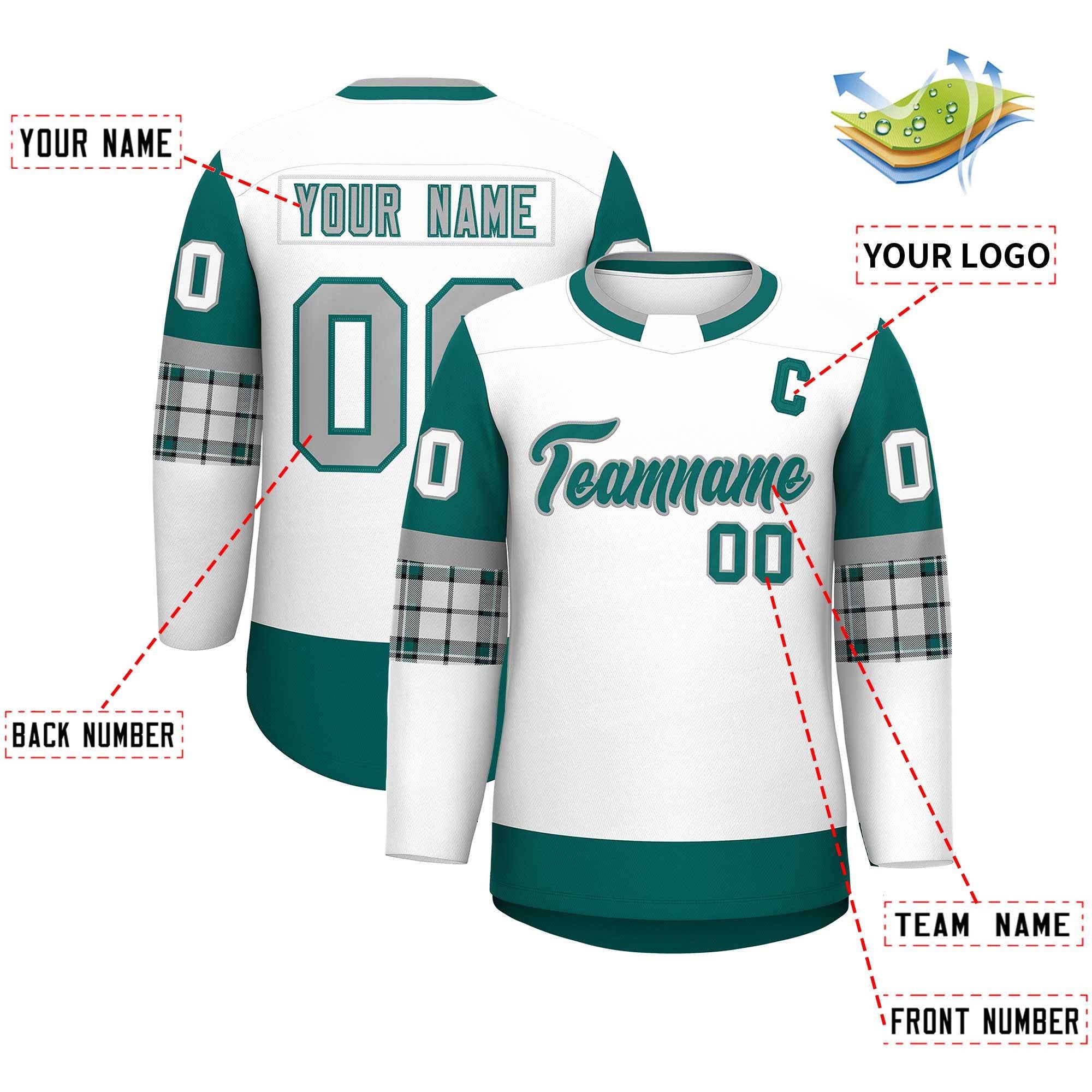 Custom White Aqua Personalized Raglan Sleeves Round-Neck Hockey Jersey