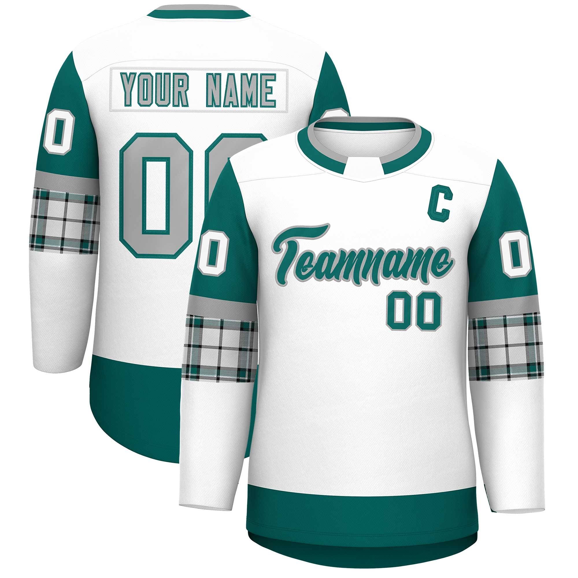 Custom White Aqua Personalized Raglan Sleeves Round-Neck Hockey Jersey