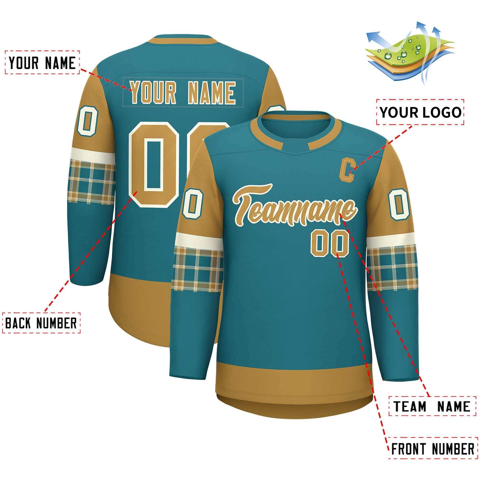 Custom Aqua Old Gold Personalized Raglan Sleeves Round-Neck Hockey Jersey