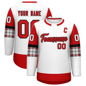 Custom White Red Personalized Raglan Sleeves Round-Neck Hockey Jersey