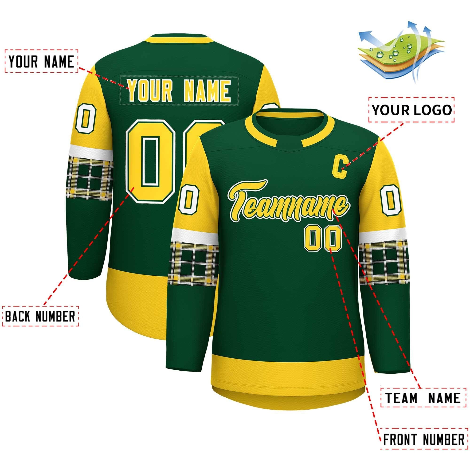 Custom Green Gold Personalized Raglan Sleeves Round-Neck Hockey Jersey