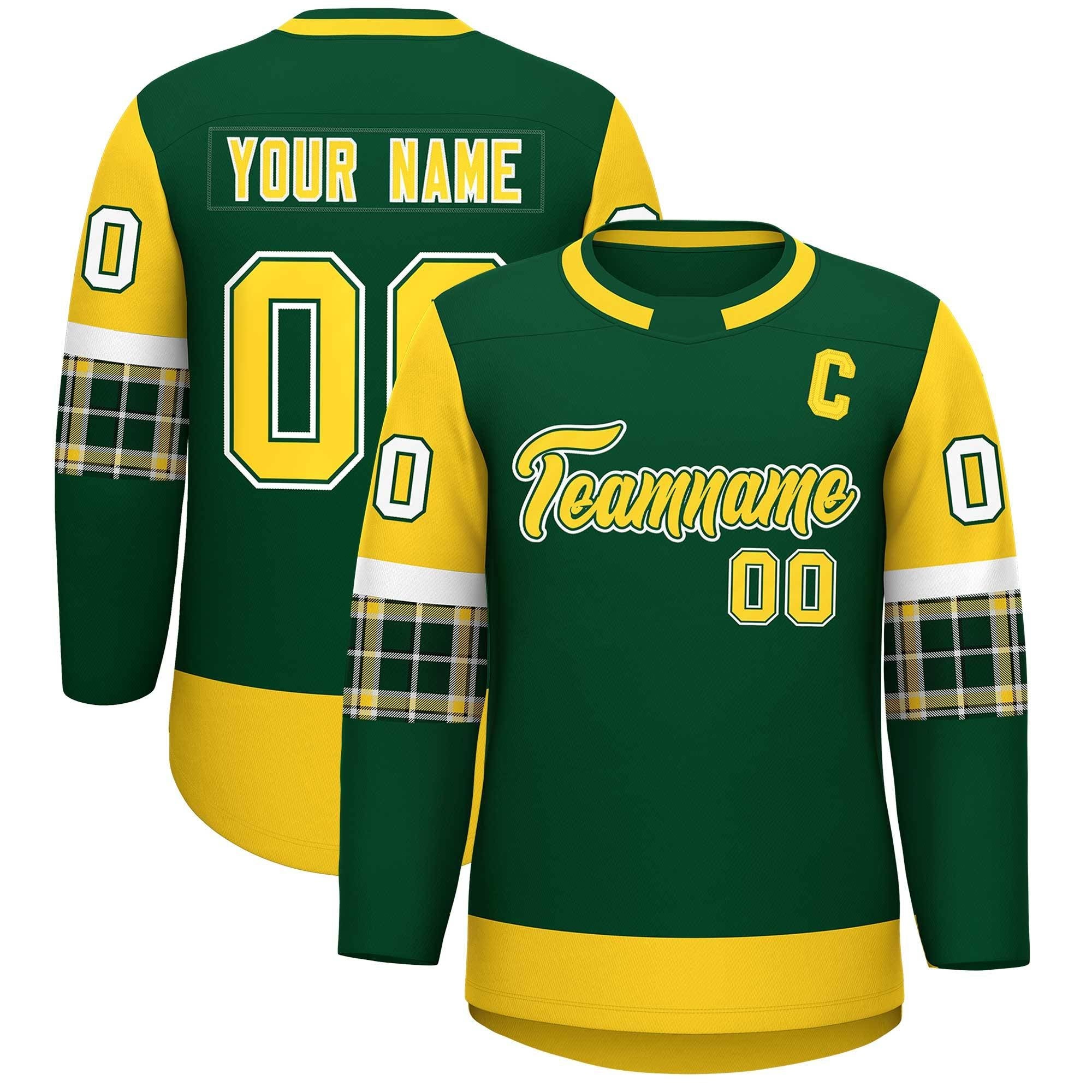 Custom Green Gold Personalized Raglan Sleeves Round-Neck Hockey Jersey