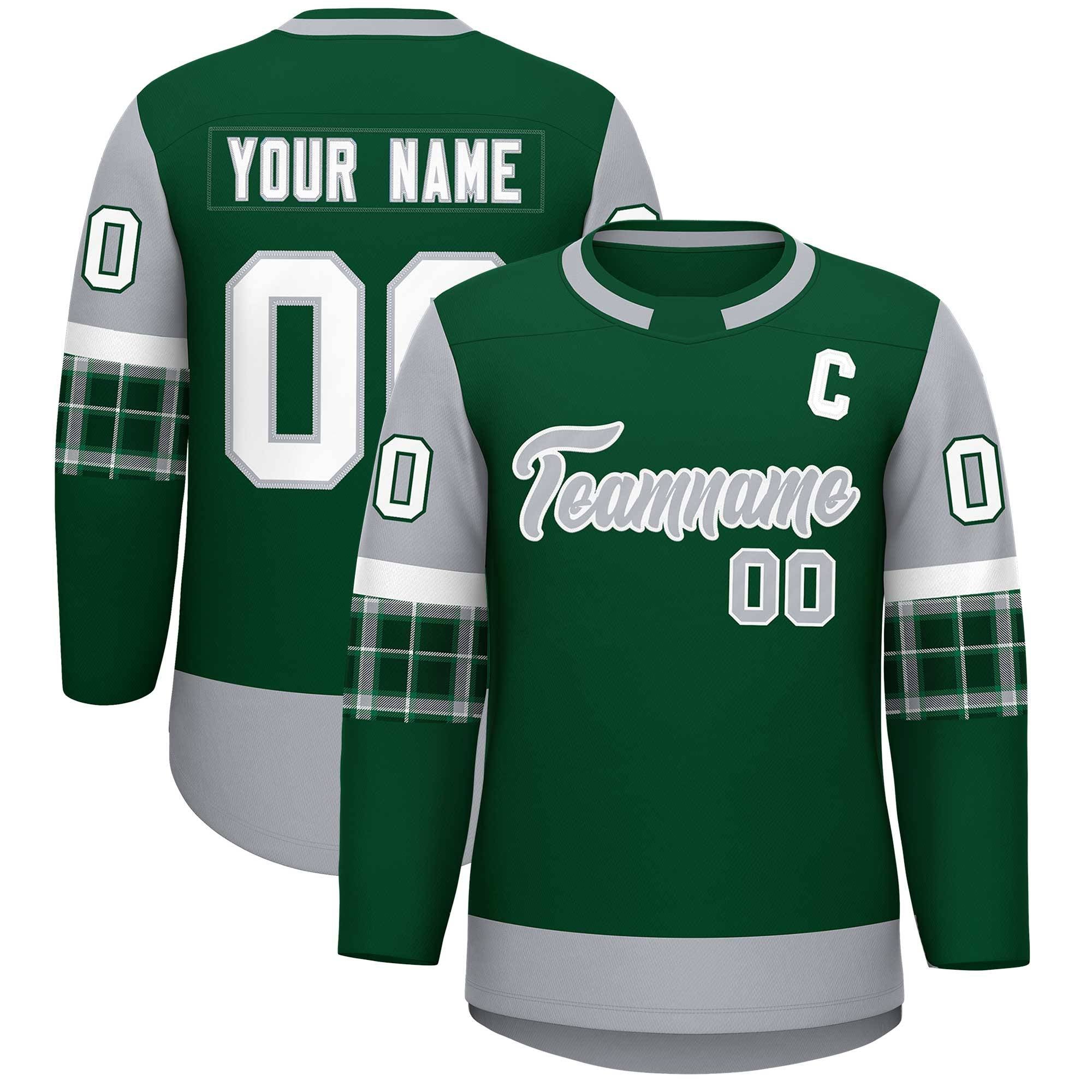 Custom Green Gray Personalized Raglan Sleeves Round-Neck Hockey Jersey