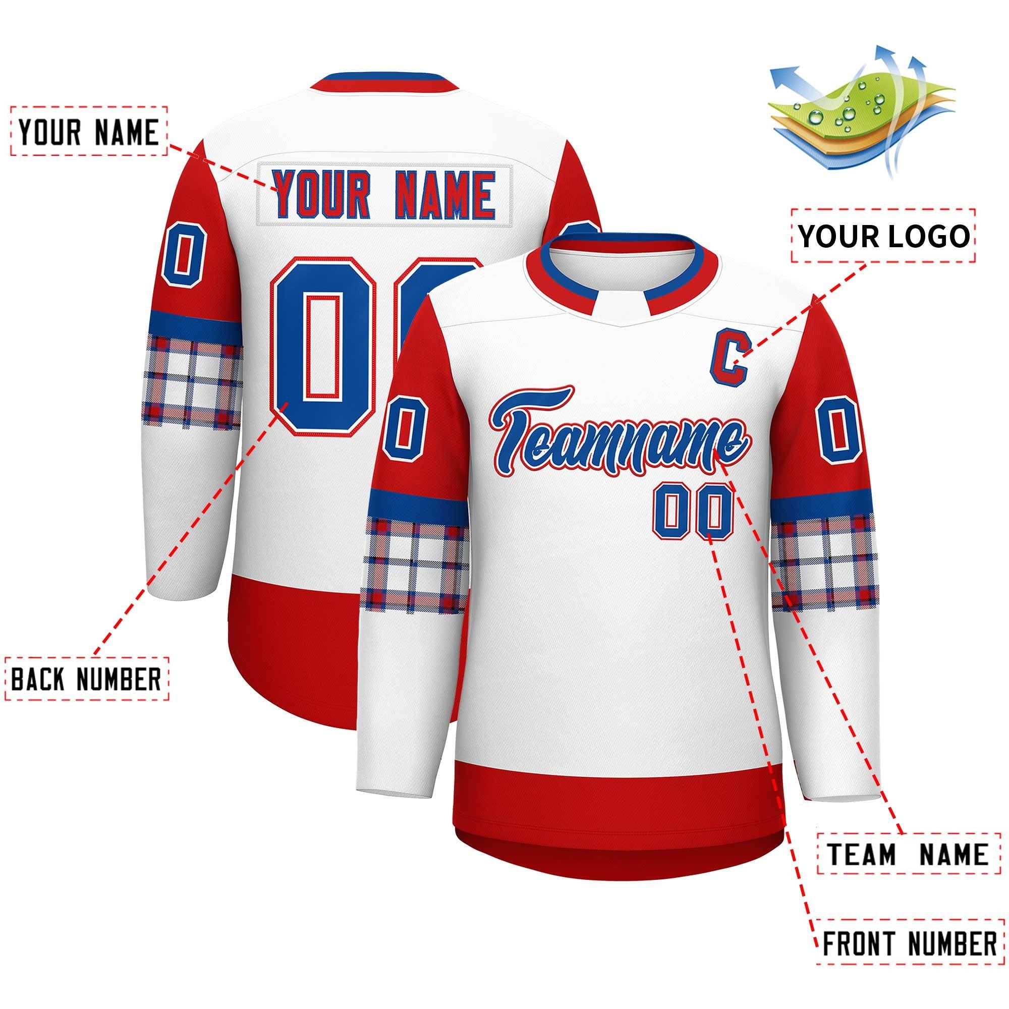 Custom White Red Personalized Raglan Sleeves Round-Neck Hockey Jersey