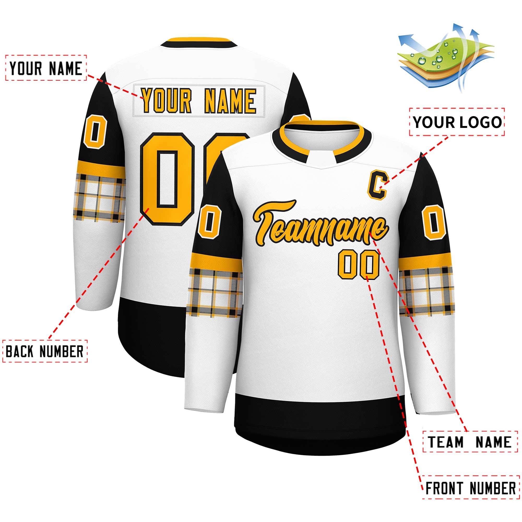 Custom White Black Personalized Raglan Sleeves Round-Neck Hockey Jersey