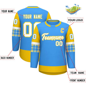 Custom Powder Blue Gold Personalized Raglan Sleeves Round-Neck Hockey Jersey