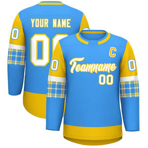 Custom Powder Blue Gold Personalized Raglan Sleeves Round-Neck Hockey Jersey