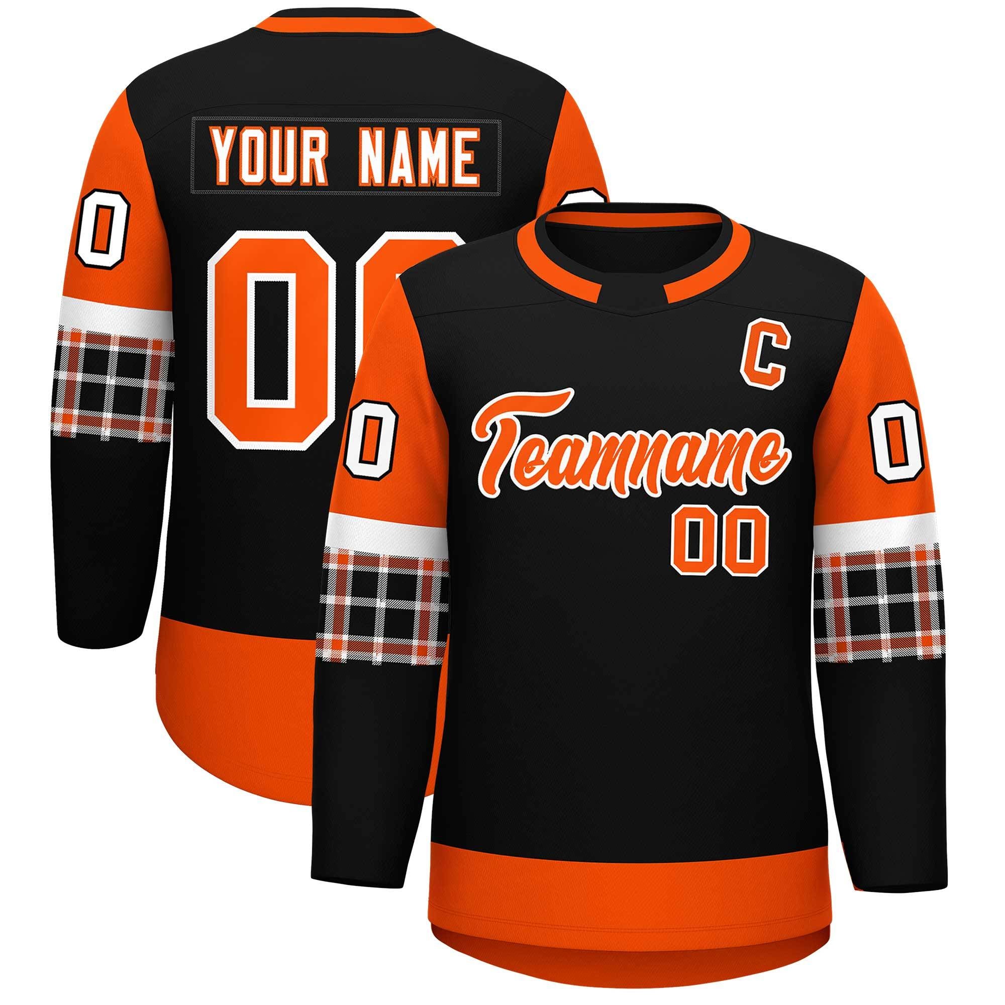 Custom Black Orange Personalized Raglan Sleeves Round-Neck Hockey Jersey