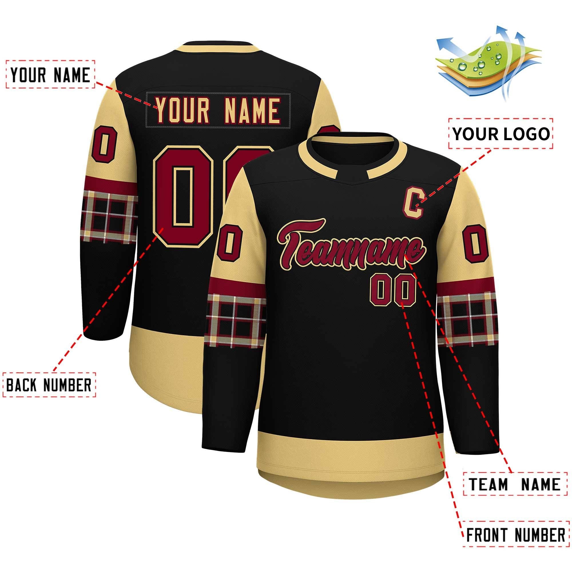 Custom Black Khaki Personalized Raglan Sleeves Round-Neck Hockey Jersey