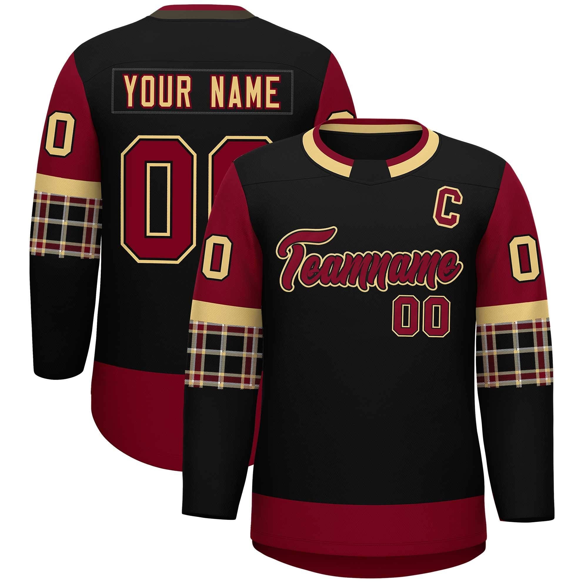 Custom Black Crimson Personalized Raglan Sleeves Round-Neck Hockey Jersey