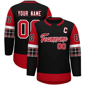 Custom Black Red Personalized Raglan Sleeves Round-Neck Hockey Jersey