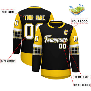 Custom Black Gold Personalized Raglan Sleeves Round-Neck Hockey Jersey