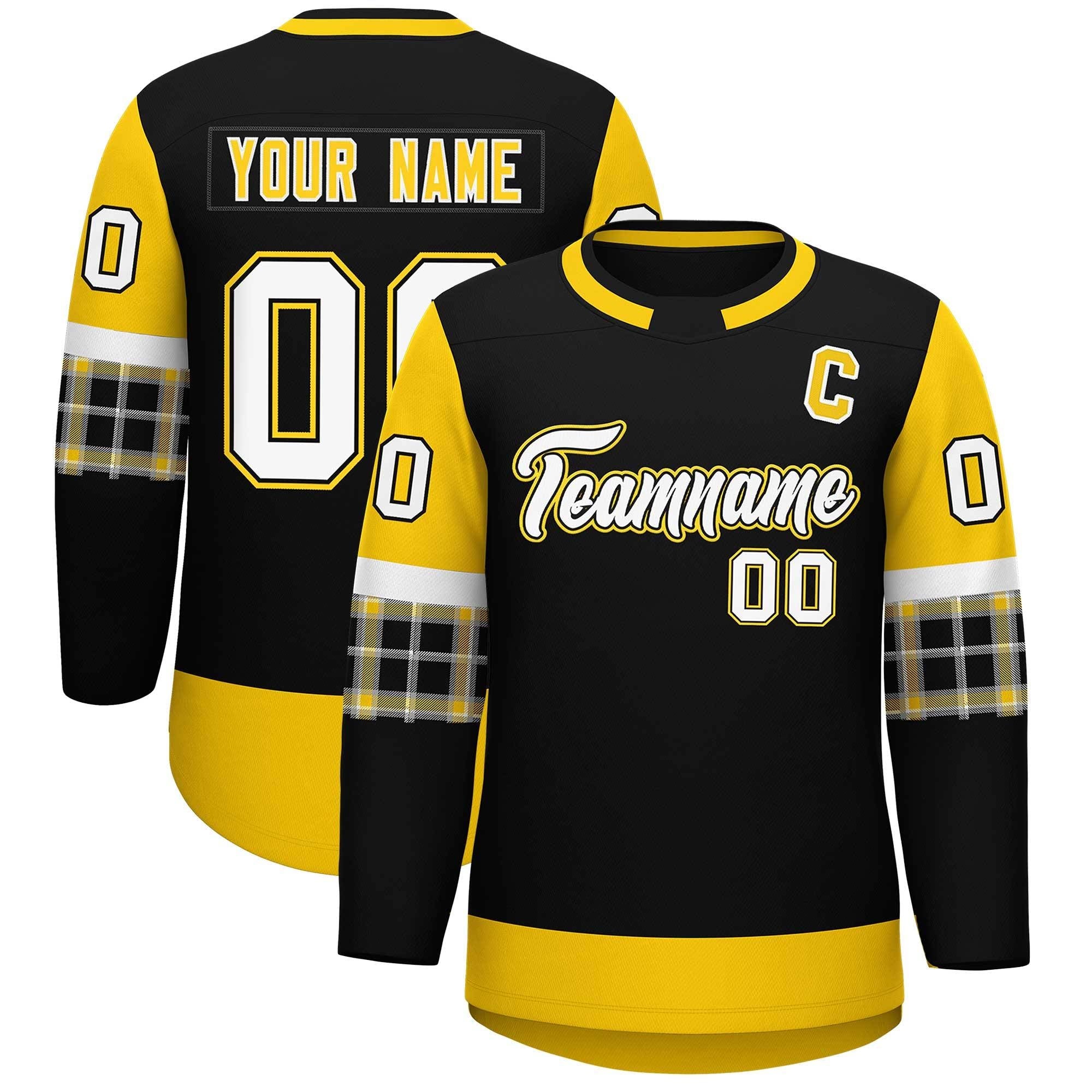 Custom Black Gold Personalized Raglan Sleeves Round-Neck Hockey Jersey