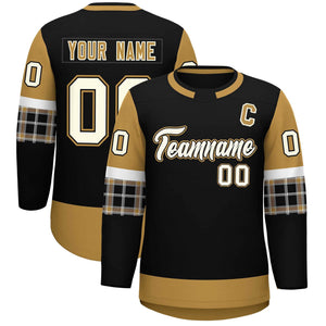 Custom Black Old Gold Personalized Raglan Sleeves Round-Neck Hockey Jersey