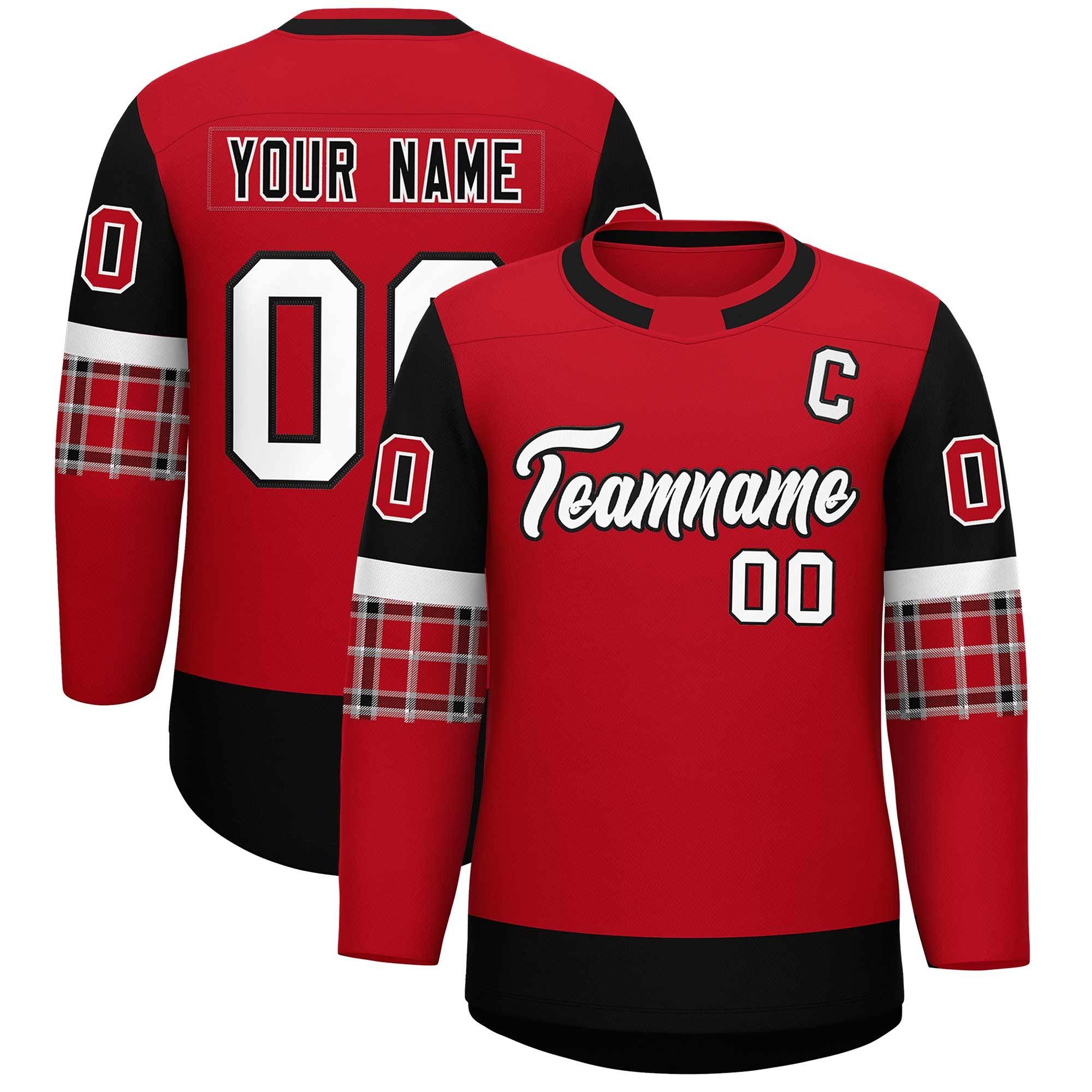 Custom Red Black Personalized Raglan Sleeves Round-Neck Hockey Jersey