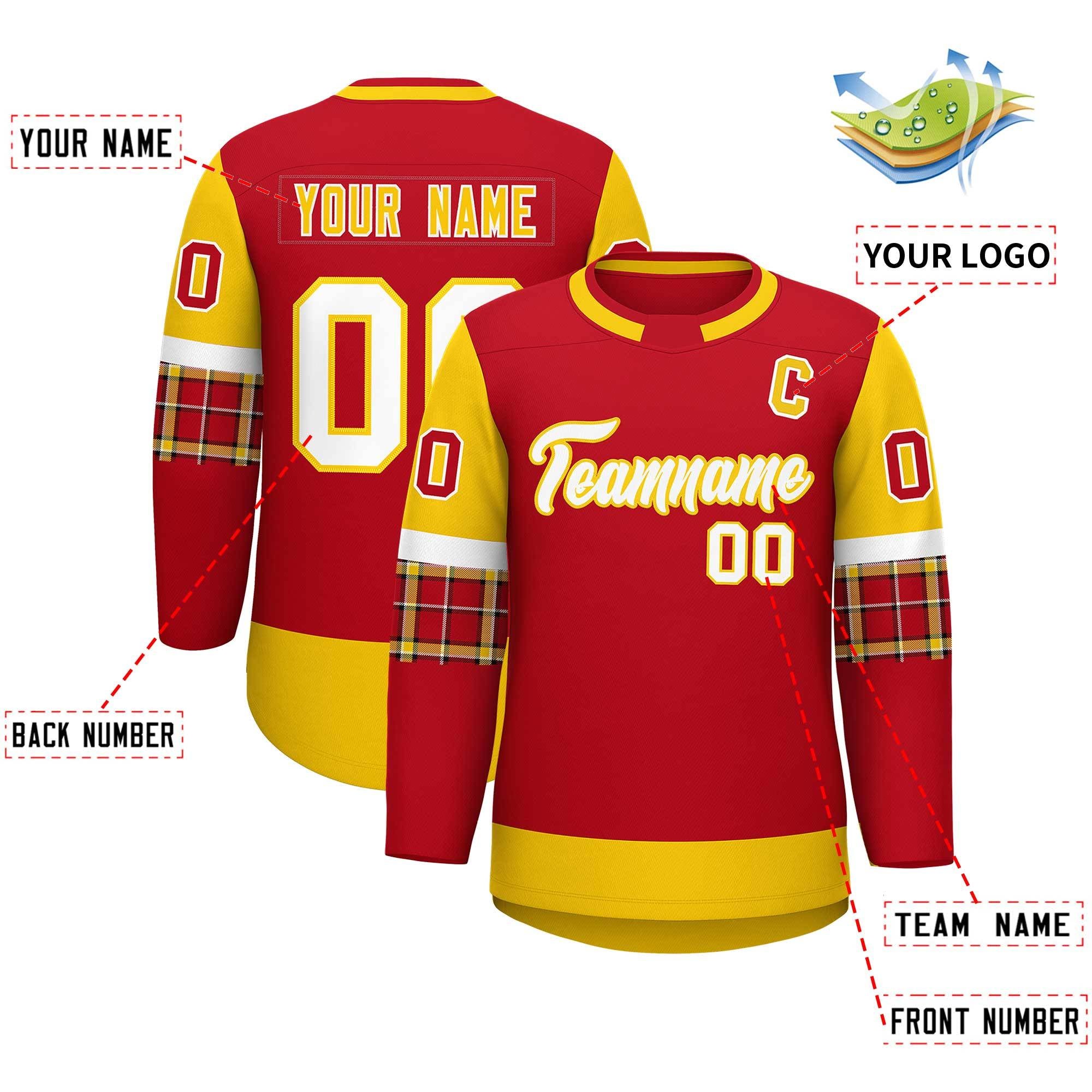 Custom Red Gold Personalized Raglan Sleeves Round-Neck Hockey Jersey