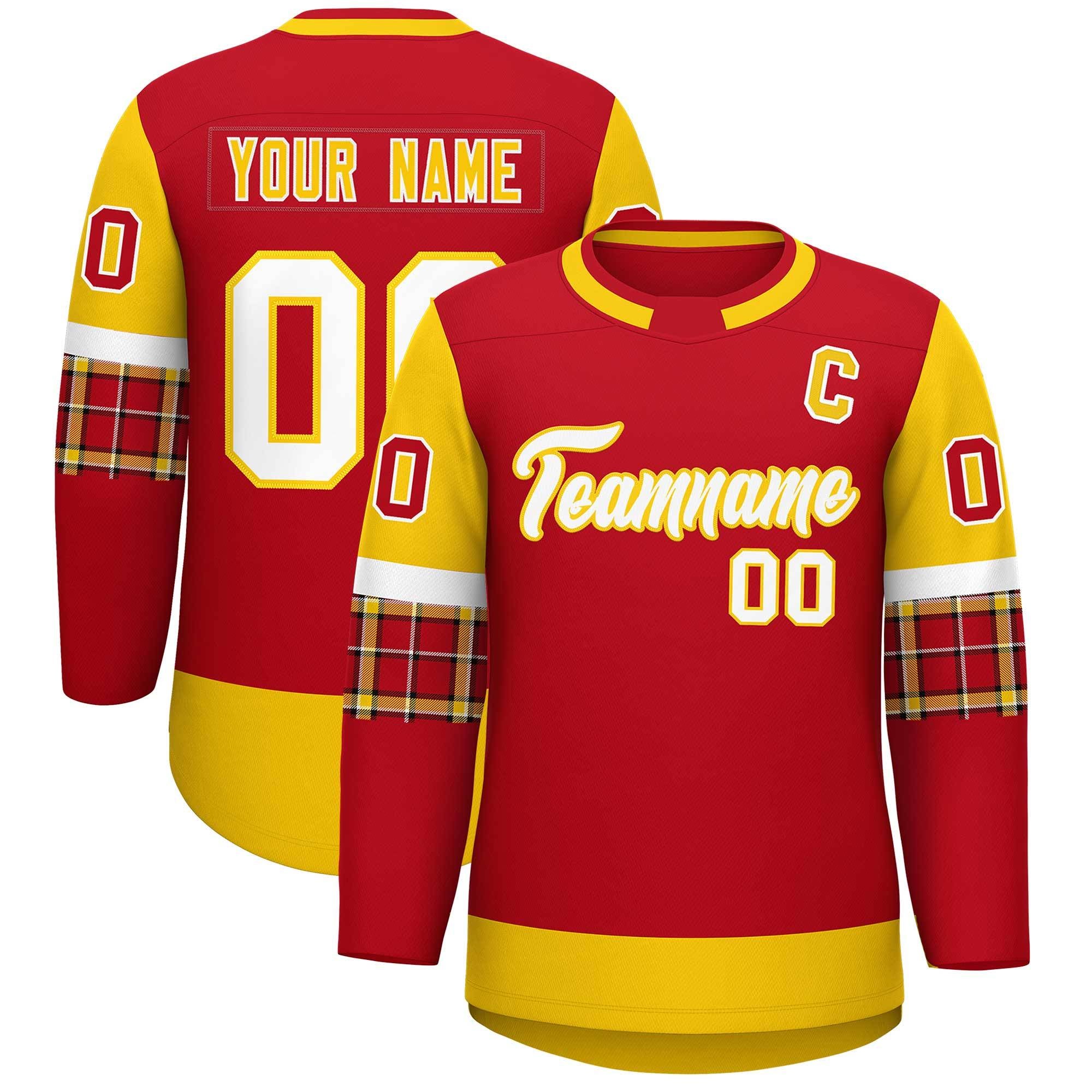 Custom Red Gold Personalized Raglan Sleeves Round-Neck Hockey Jersey