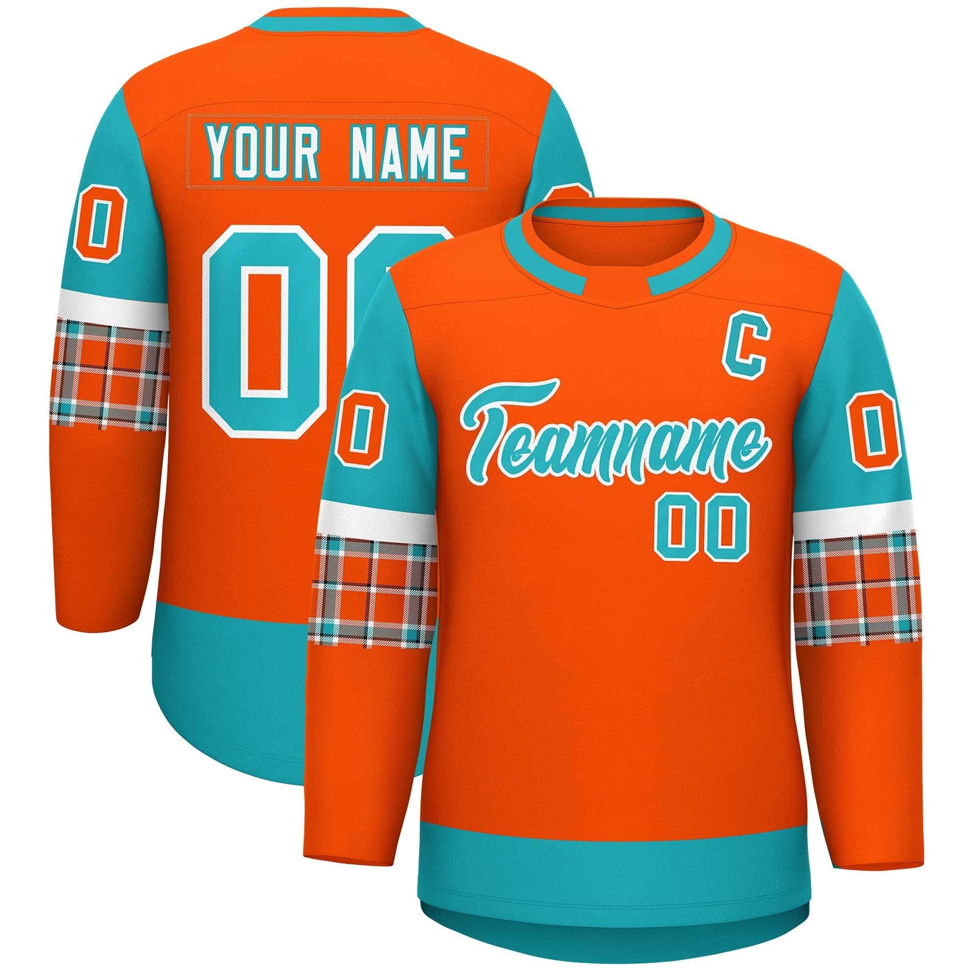 Custom Orange Aqua Personalized Raglan Sleeves Round-Neck Hockey Jersey