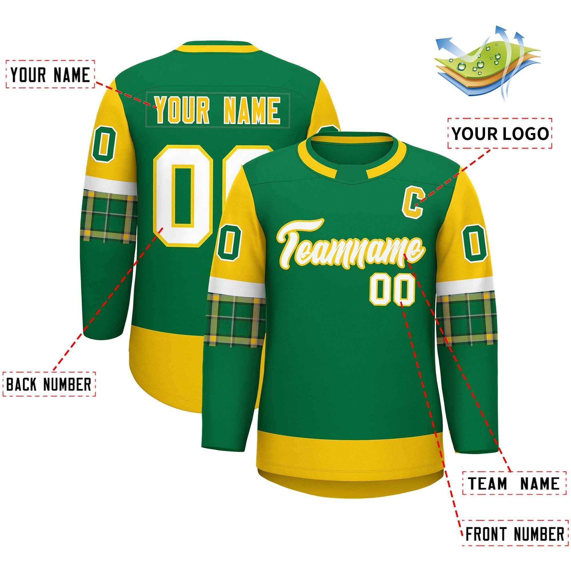 Custom Kelly Green Gold Personalized Raglan Sleeves Round-Neck Hockey Jersey