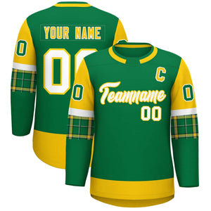 Custom Kelly Green Gold Personalized Raglan Sleeves Round-Neck Hockey Jersey