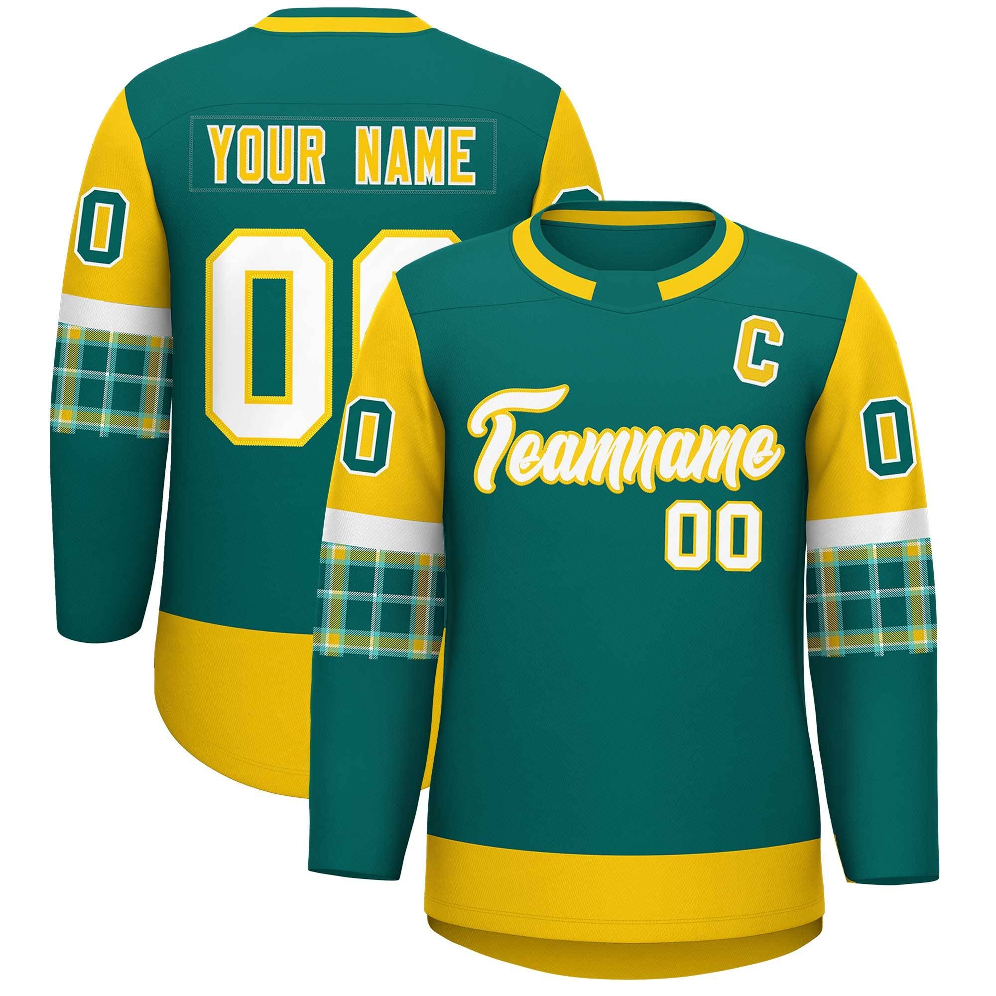 Custom Aqua Gold Personalized Raglan Sleeves Round-Neck Hockey Jersey