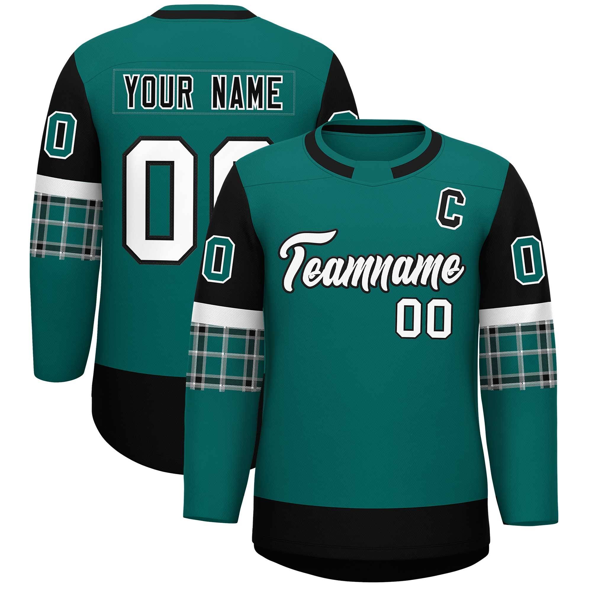 Custom Aqua Black Personalized Raglan Sleeves Round-Neck Hockey Jersey