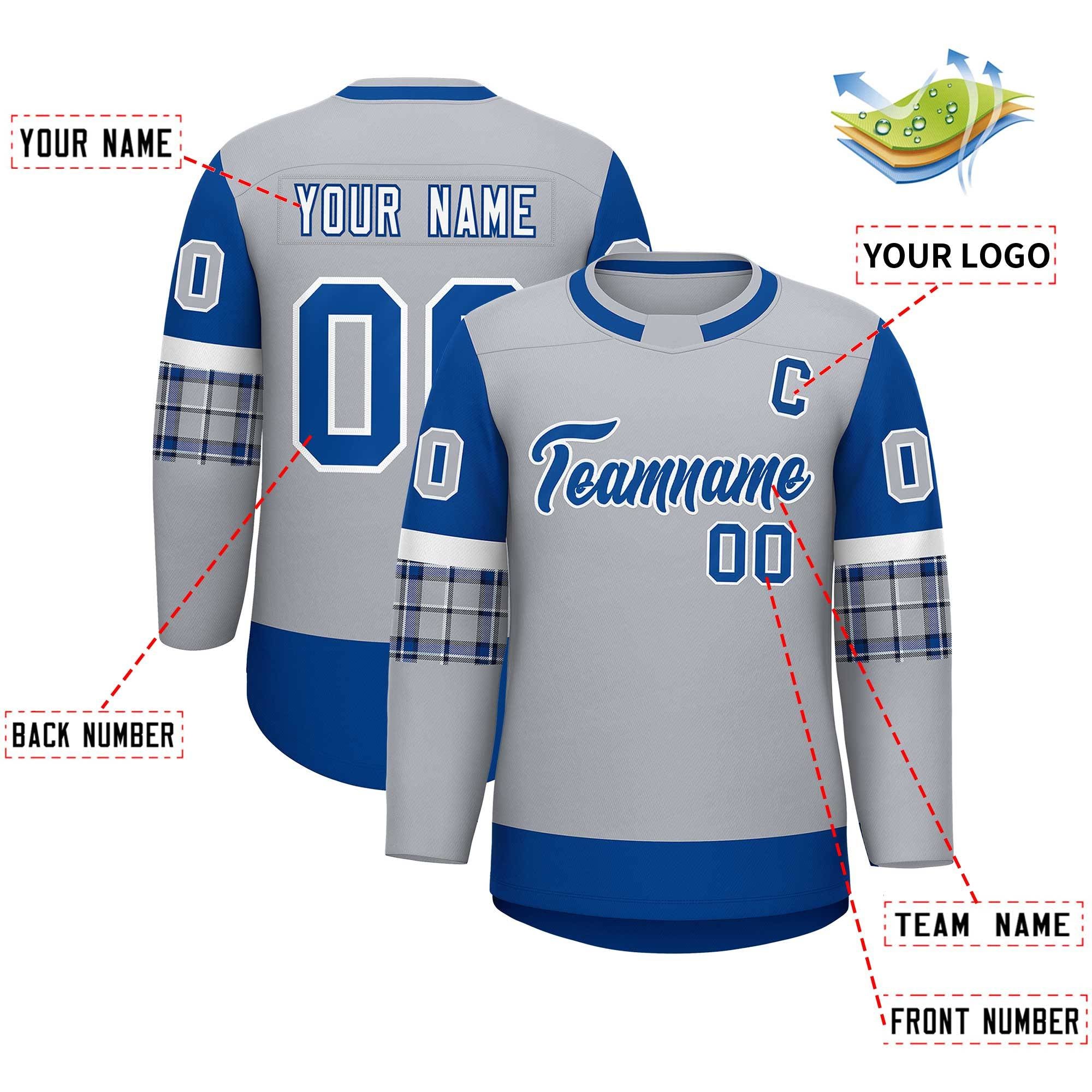 Custom Gray Royal Personalized Raglan Sleeves Round-Neck Hockey Jersey