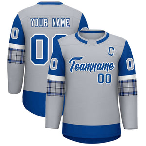 Custom Gray Royal Personalized Raglan Sleeves Round-Neck Hockey Jersey