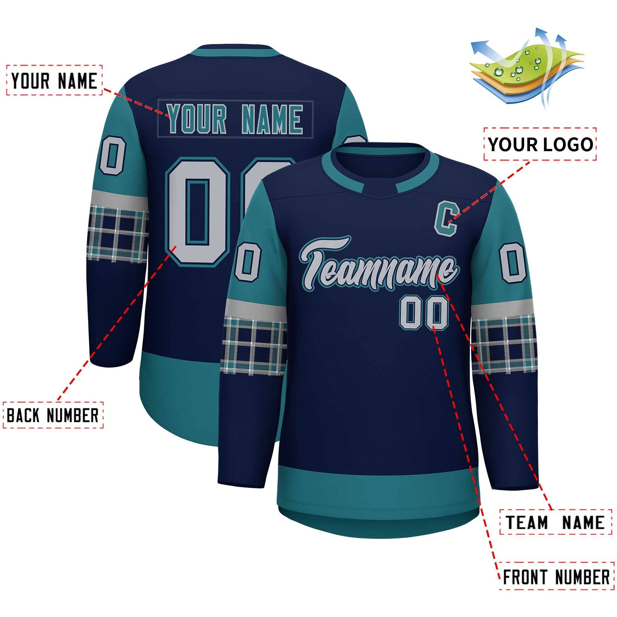 Custom Navy Aqua Personalized Raglan Sleeves Round-Neck Hockey Jersey