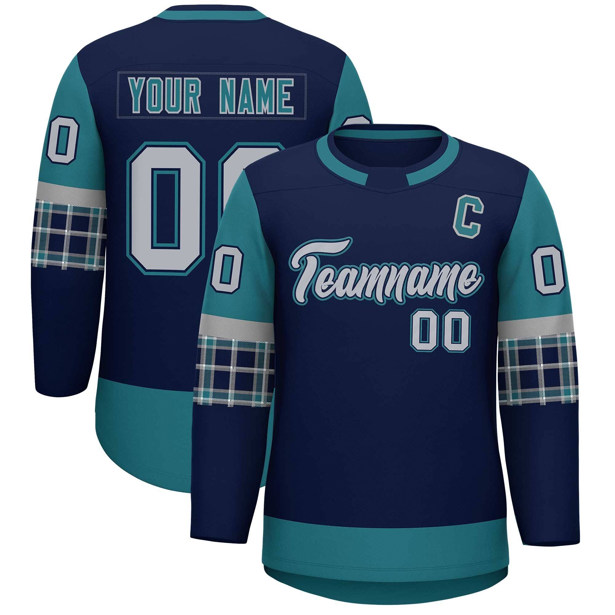 Custom Navy Aqua Personalized Raglan Sleeves Round-Neck Hockey Jersey