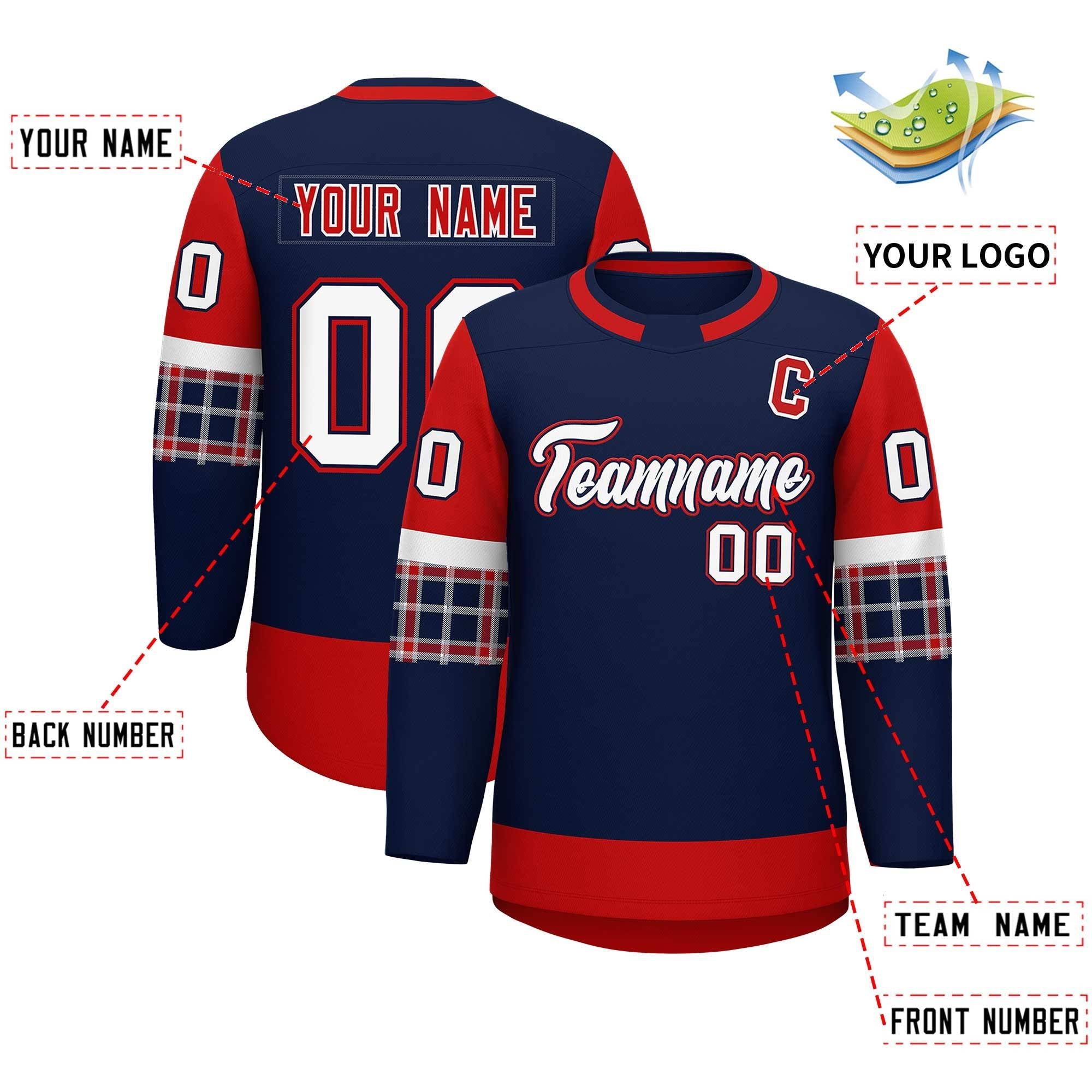 Custom Navy Red Personalized Raglan Sleeves Round-Neck Hockey Jersey