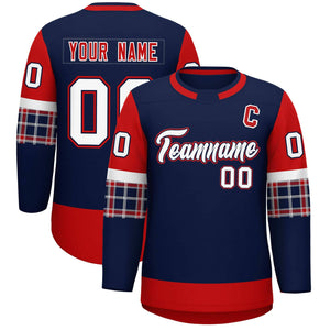 Custom Navy Red Personalized Raglan Sleeves Round-Neck Hockey Jersey