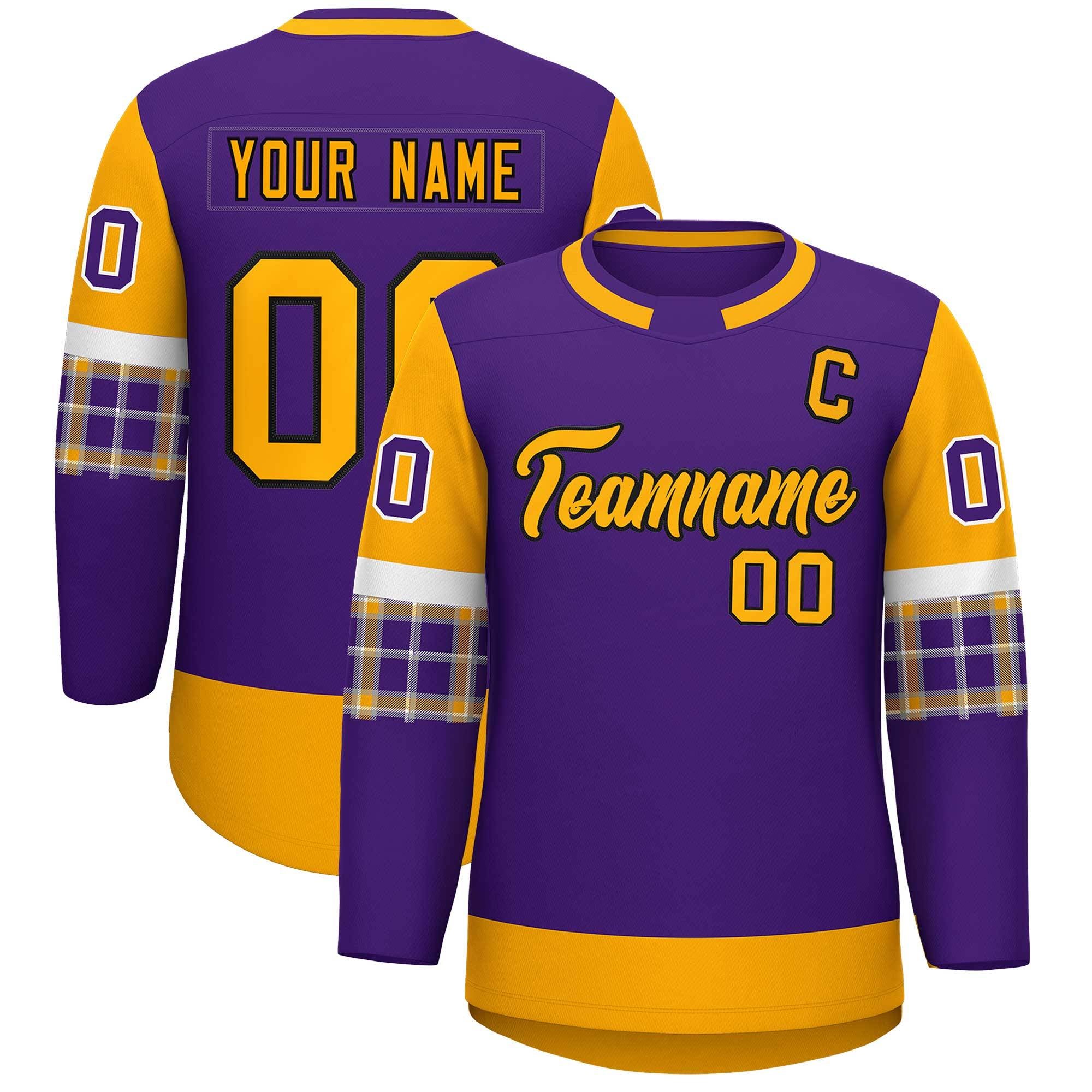 Custom Purple Yellow Personalized Raglan Sleeves Round-Neck Hockey Jersey