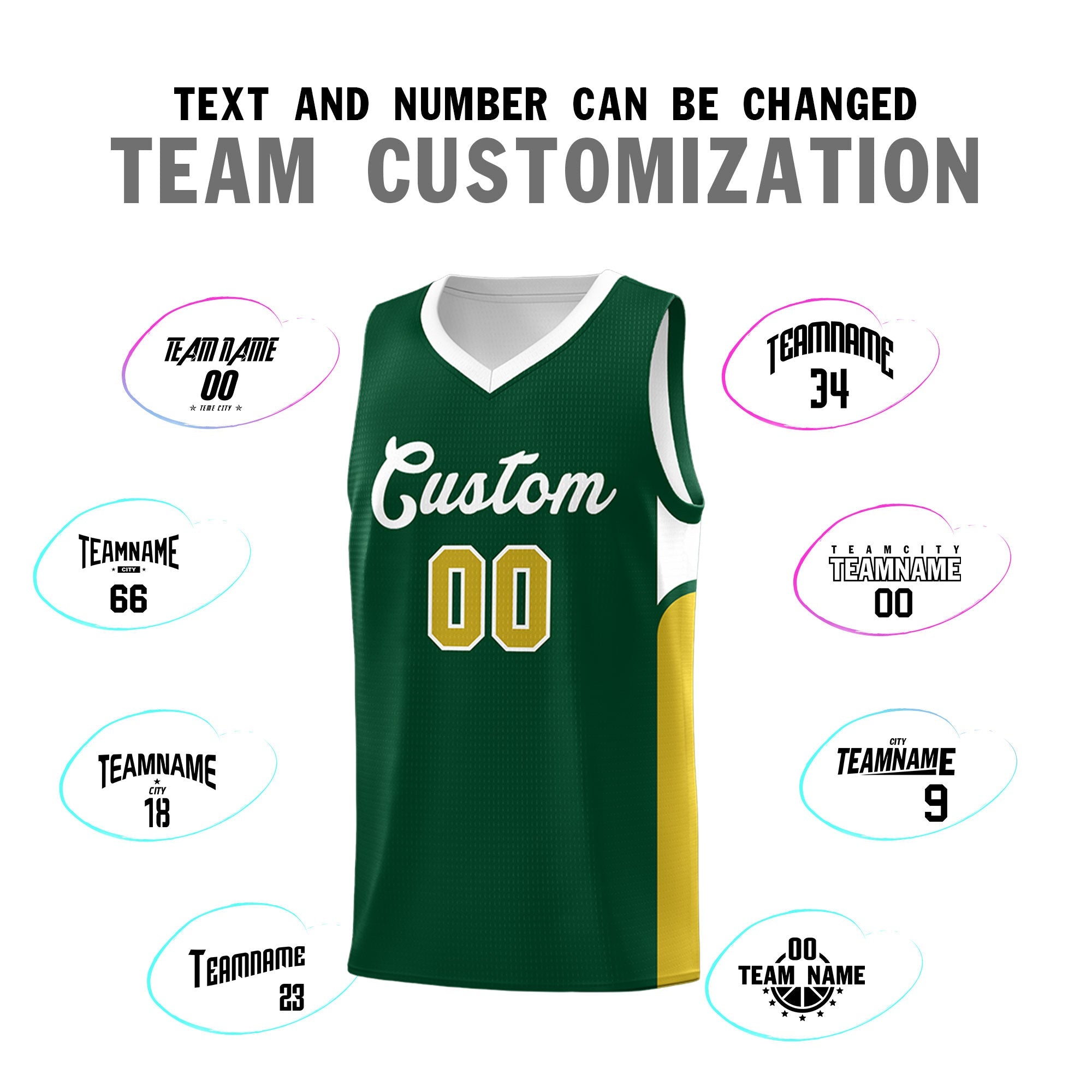 Custom Green White Side U-shaped Patttern Double Side Sports Uniform Basketball Jersey