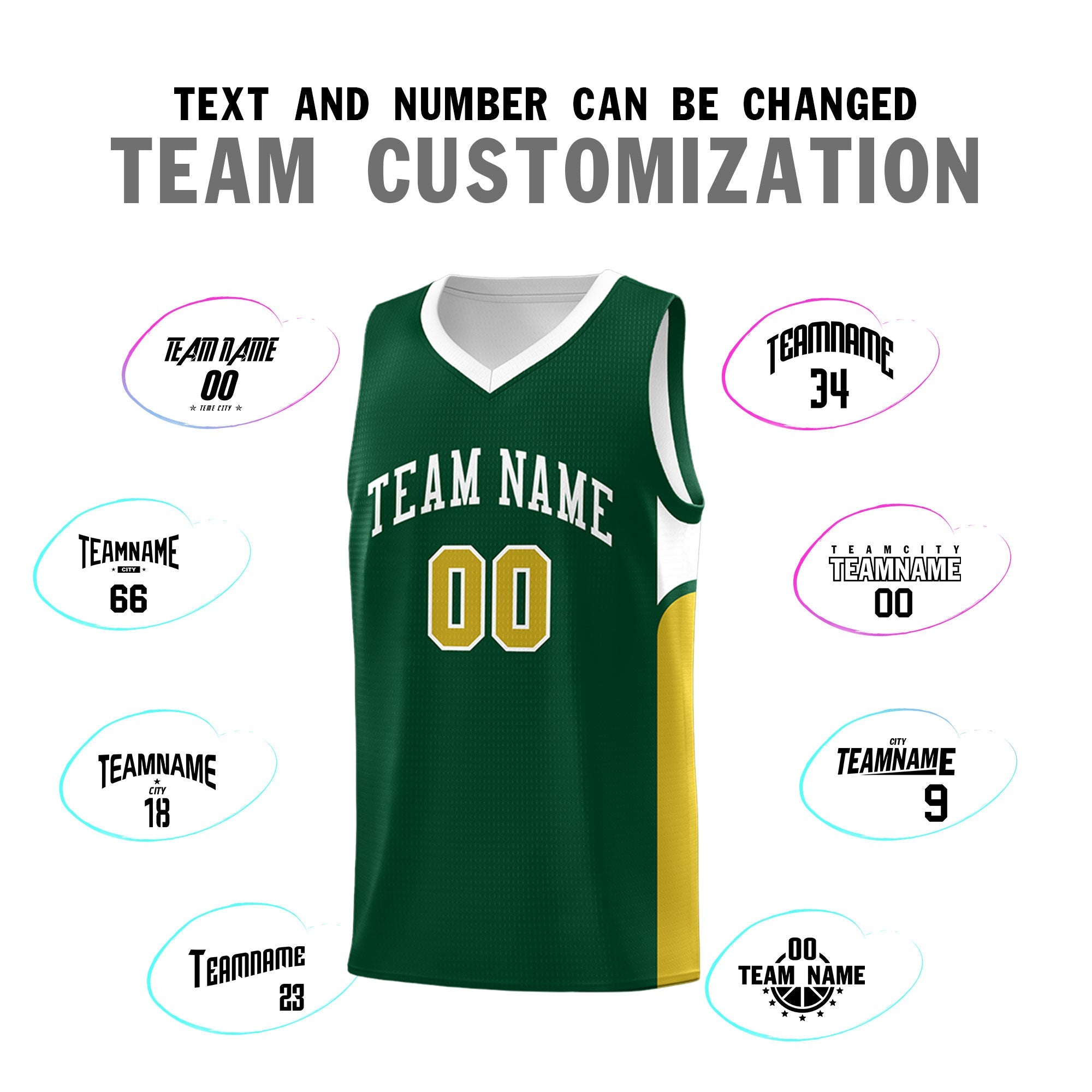 Custom Green White Side U-shaped Patttern Double Side Sports Uniform Basketball Jersey