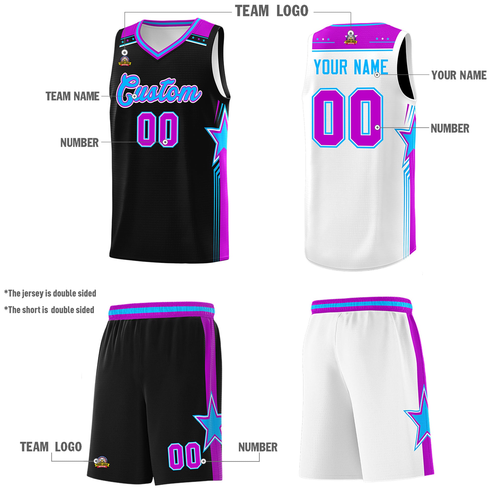 Custom Black White Double Side Sets Men Basketball Jersey