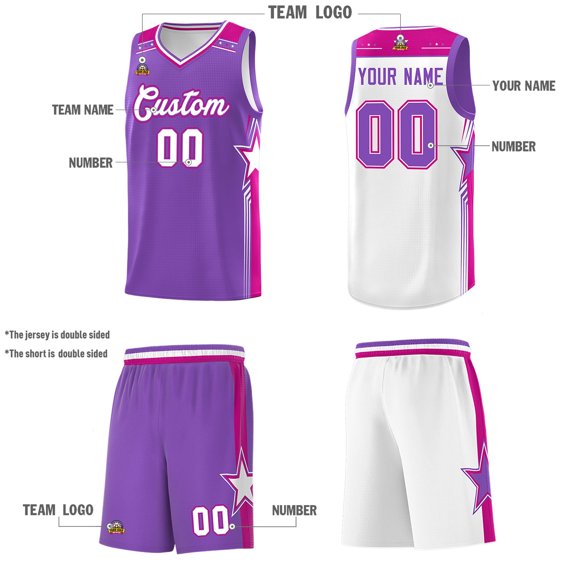 Custom Purple White Double Side Sets Men Basketball Jersey