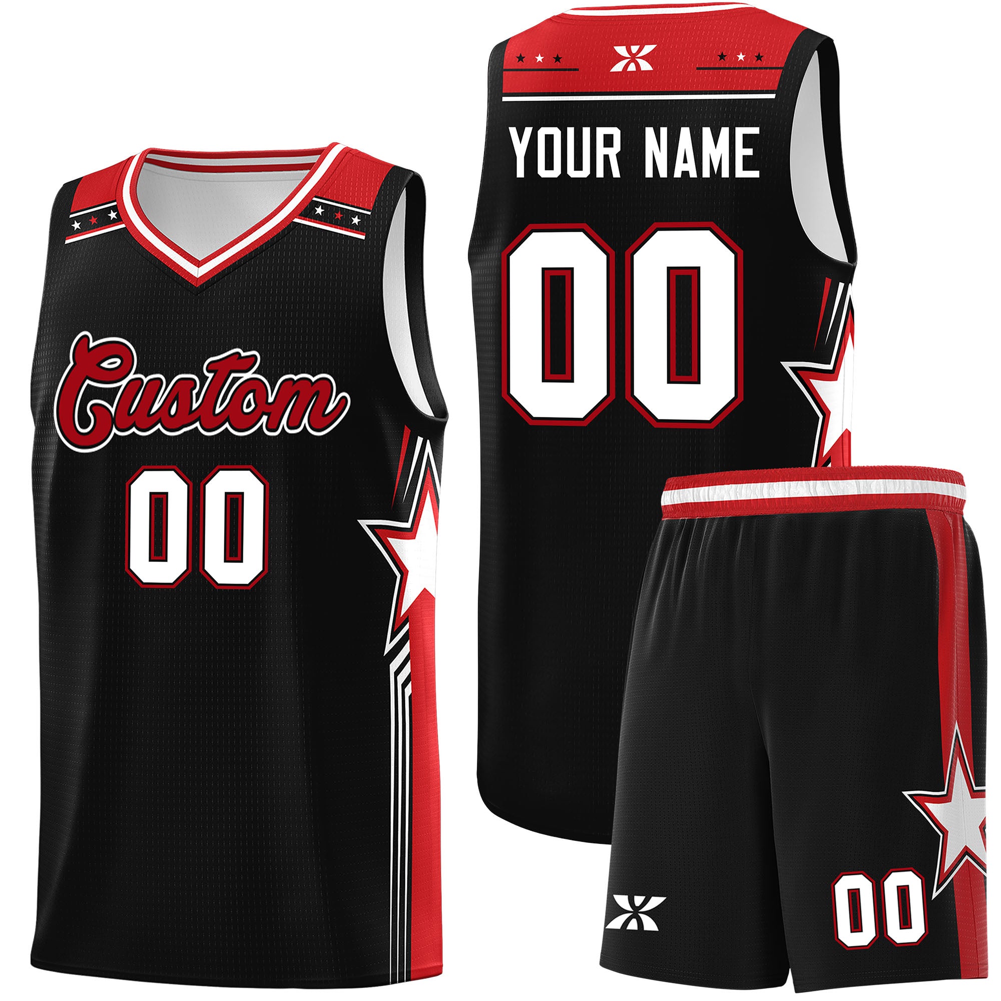 Custom Black White Red Star Graffiti Pattern Double Side Sets Basketball Uniform