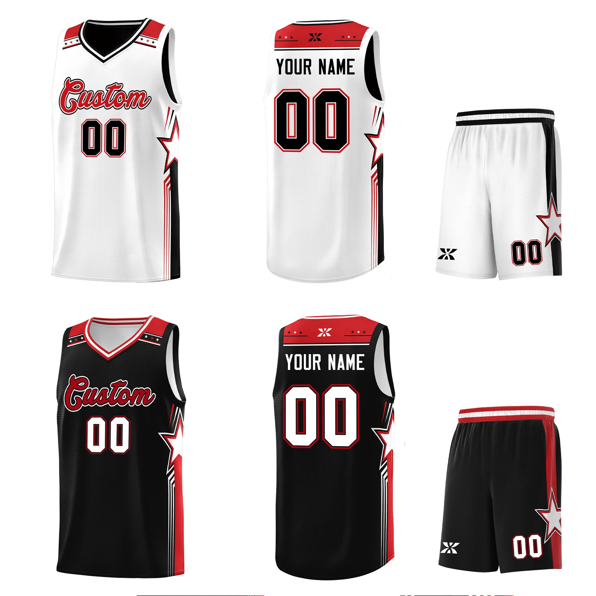 Custom Black White Red Star Graffiti Pattern Double Side Sets Basketball Uniform