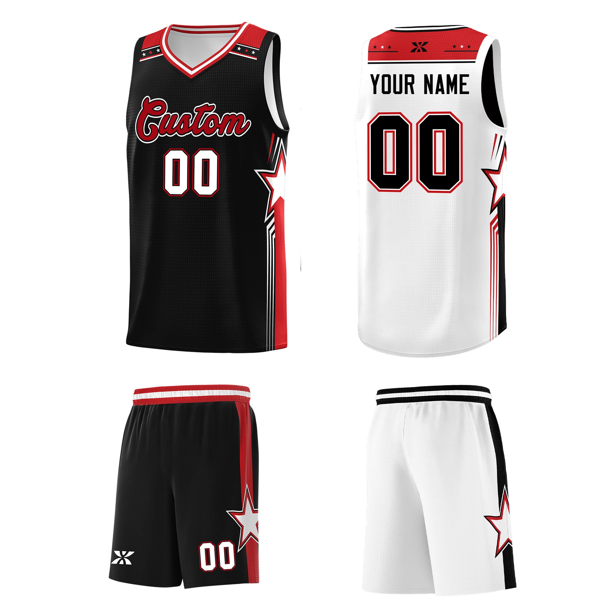 Custom Black White Red Star Graffiti Pattern Double Side Sets Basketball Uniform