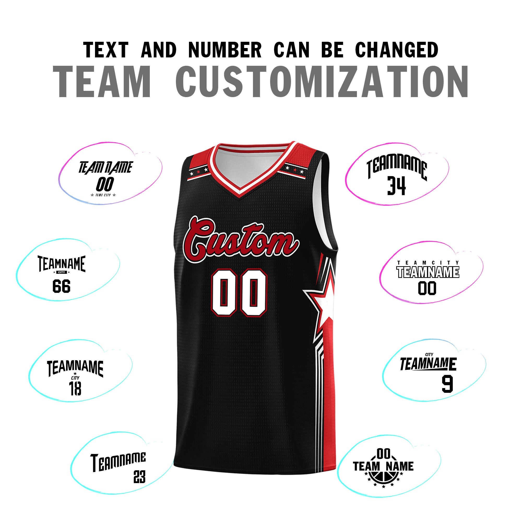 Custom Black White Red Star Graffiti Pattern Double Side Sets Basketball Uniform