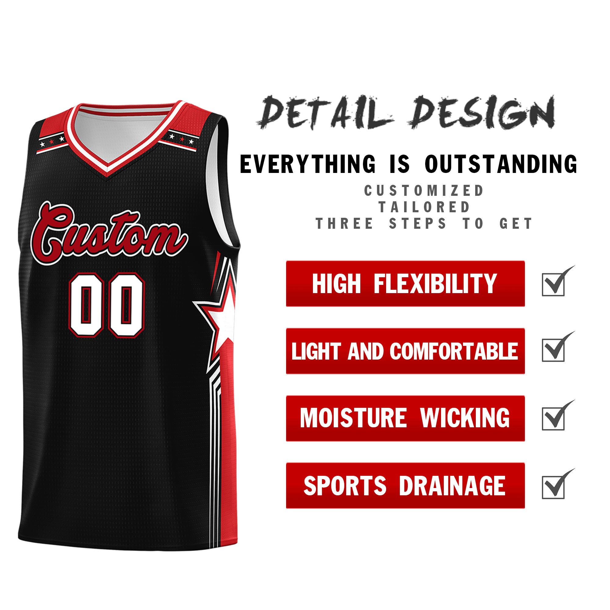 Custom Black White Red Star Graffiti Pattern Double Side Sets Basketball Uniform