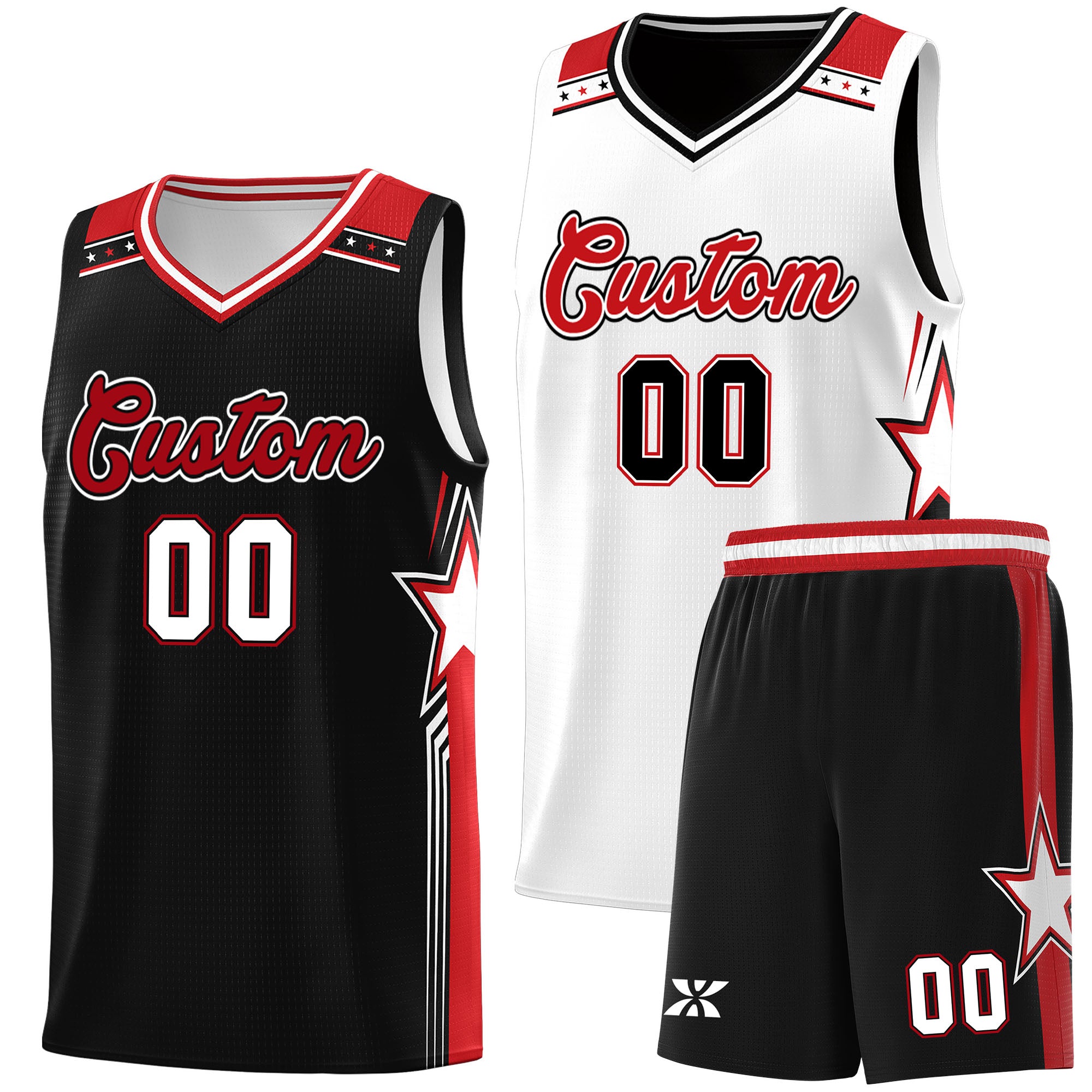 Custom Black White Red Star Graffiti Pattern Double Side Sets Basketball Uniform